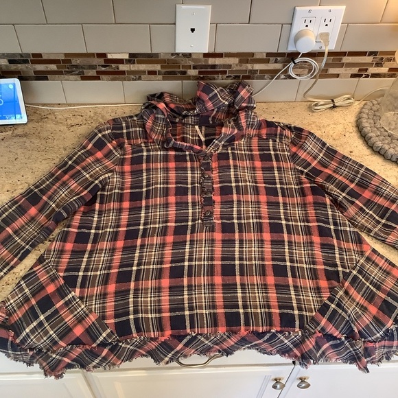 Free People Blue and Pink Popover Hooded Shirt Size Medium - Picture 1 of 8